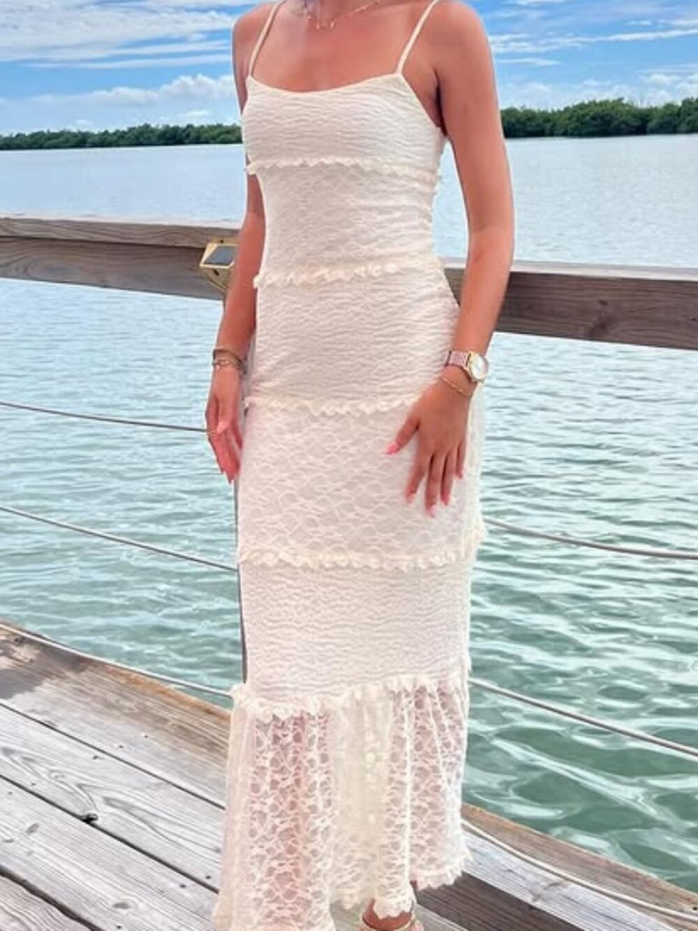 THIRTY THIRTY White Lace Fitted Maxi Dress Summer Bridal Evening Party NWT